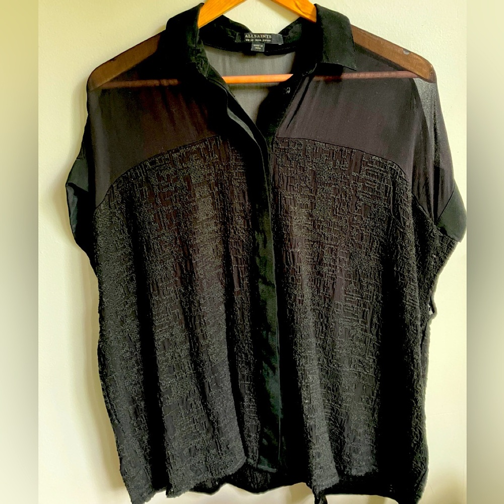 AllSaints Lilt Silky Embroidered Sheer Blouse EU 40